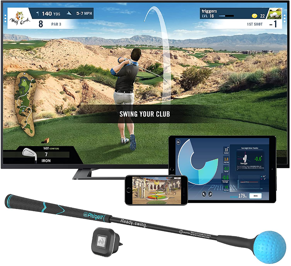 PHIGOLF Smart Home Golf Simulator – Swing Stick Trainer & Analyzer – Mobile  Golf Game Featuring WGT & E6 Connect Apps and Software (iOS & Android  Compatible)